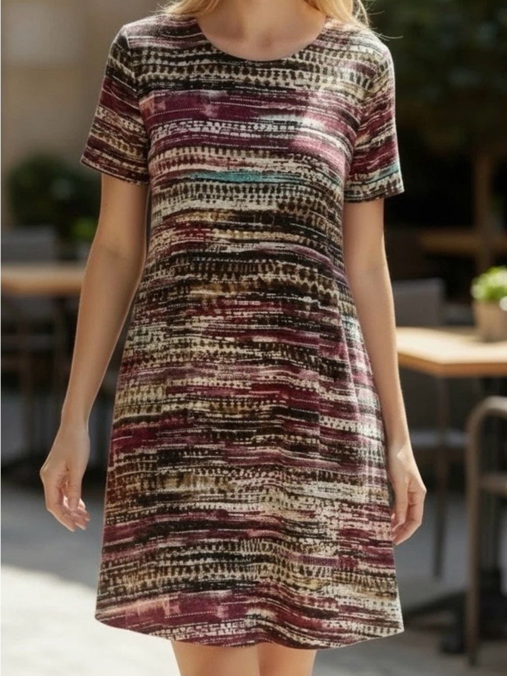 dressbarn Burgundy, Black & Cream Striped Short Sleeve Shift Dress Size 16